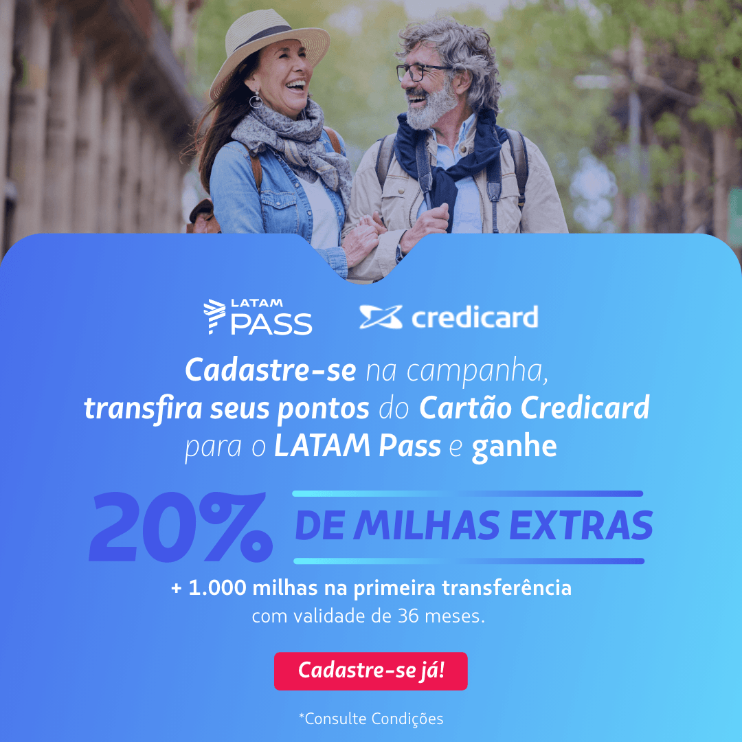 Transfira seus pontos do seu cartão Credicard para o LATAM Pass e ganhe 20% de milhas extras. Se esta for sua primeira transferência, receba +1.000 milhas bônus. Cadastre-se na campanha antes de transferir. As milhas bônus têm validade de 36 meses. 