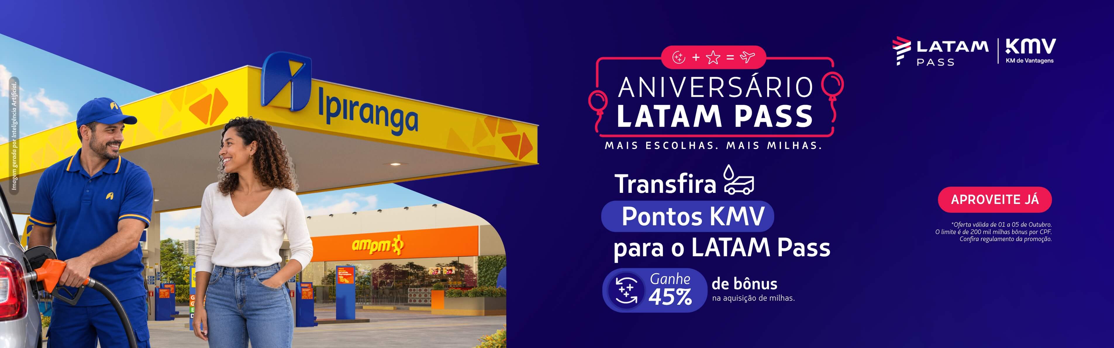 Durante o Aniversário LATAM Pass, transfira seus pontos KMV pelo App KMV para o LATAM Pass e ganhe 45% de milhas bônus. Oferta válida de 1 a 5 de outubro, limitada a 200 mil milhas bônus por CPF. Consulte o regulamento.