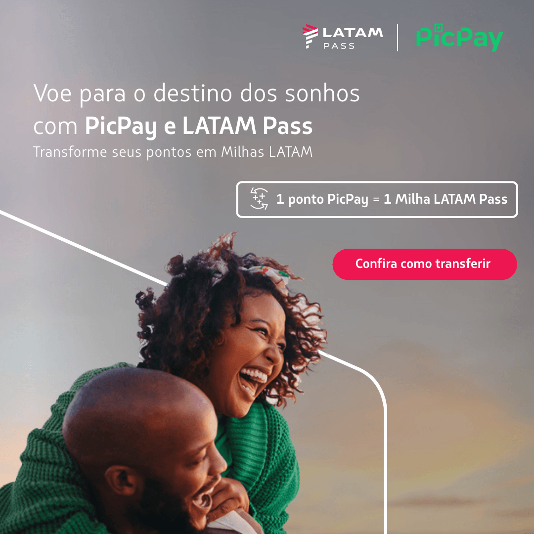 Dê um novo destino aos seus pontos PicPay e fique mais perto da sua próxima viagem. Transfira seus pontos na proporção de 1 para 1 e acumule Milhas LATAM Pass. Saiba como transferir e consulte as condições.