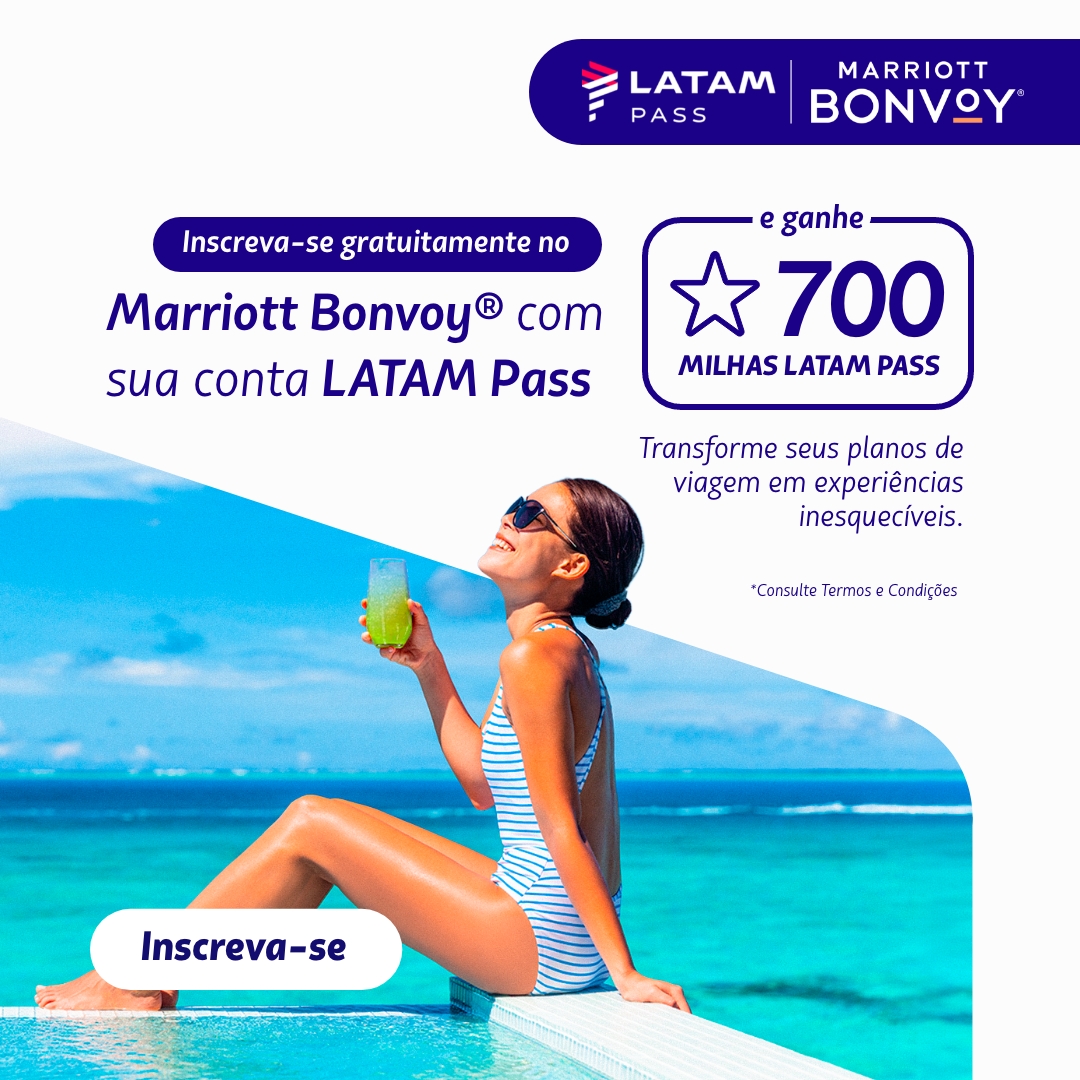 O cliente pode se cadastrar no programa Marriott Bonvoy® e ganhar 700 Milhas LATAM Pass. A oferta é válida de 01 de setembro a 15 de novembro e está disponível pelo link oficial. Consulte o regulamento.